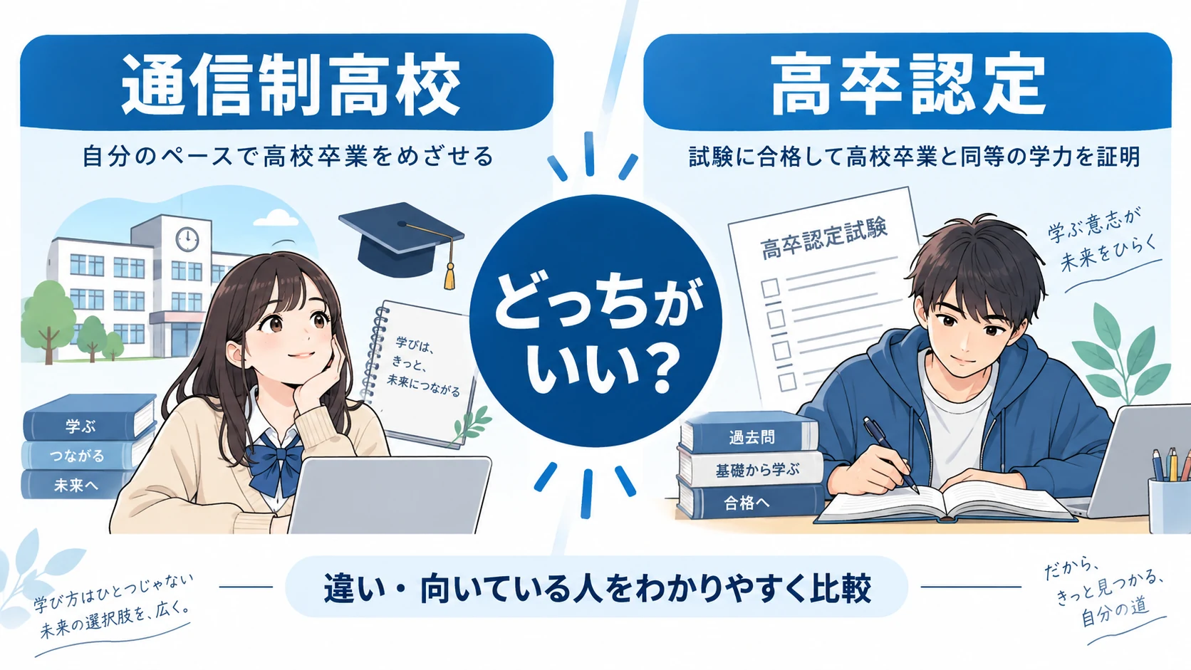 通信制高校と高卒認定の違いを比較したイメージ図